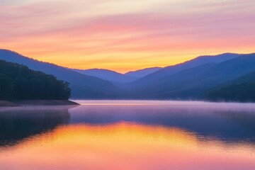 Fototapeta premium Serene landscape of lake reflecting a colorful sunrise, with mountains in the background and a touch of morning mist.