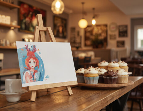 Cozy cafe scene with wooden easel holding canvas with red-haired girl painting. Cupcakes with colorful frostings on plate near easel. Restaurant coffee shop background with bookshelf, window, plant.