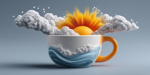 Surreal sunrise with bright sun and clouds emerging from coffee cup for creative marketing visuals.