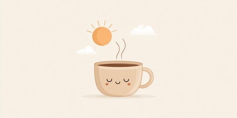 Minimal cute coffee cup illustration with smiling face sun and clouds for cheerful branding.