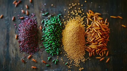 Four piles of colorful fishing bait on wood