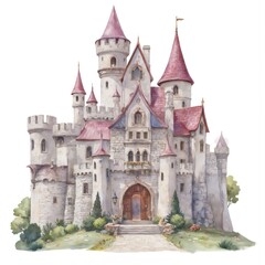 Fototapeta premium Majestic pink, white castle on rocky cliff with multiple towers, large central tower. Clear blue sky backdrop, flag flutters from top right tower. Grand, timeless, fairytale-inspired architecture.