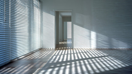 Obraz premium Ground-floor apartment interior with blinds casting linear light pattern across floor and wall