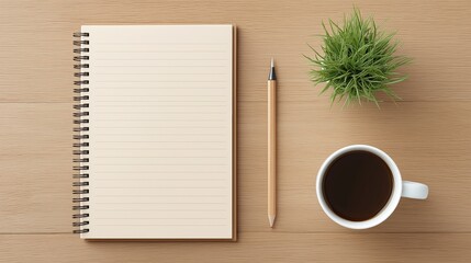 Minimal top view of notebook pencil coffee cup and plant on wooden desk for workspace branding.