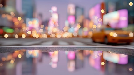 Urban city street with neon bokeh lights and reflection in puddle for nightlife advertising.