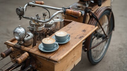 Vintage bicycle coffee cart with latte art