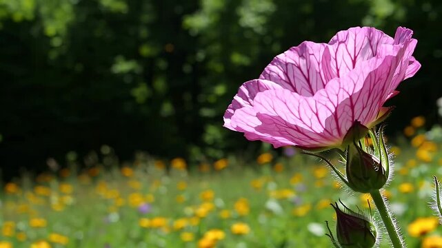 gentle breeze rustles through delicate sweet pea flowers in full bloom as golden sunlight bathes a summer forest meadow capturing the fragile beauty of lathyrus odoratus in a peaceful natural