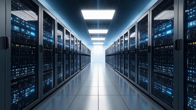 Long clean hallway with rows of rack servers in data center or server room; Concept of cloud computing, big data, internet, network and technology infrastructure