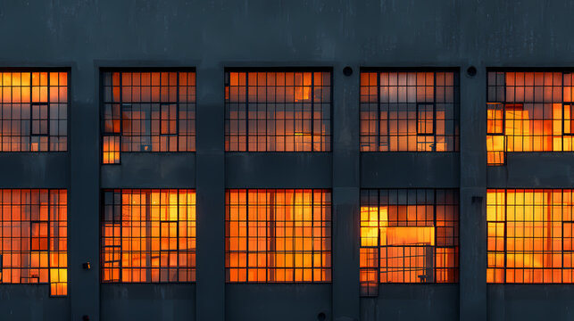 Industrial building faade with repetitive windows reflecting orange sunset sky