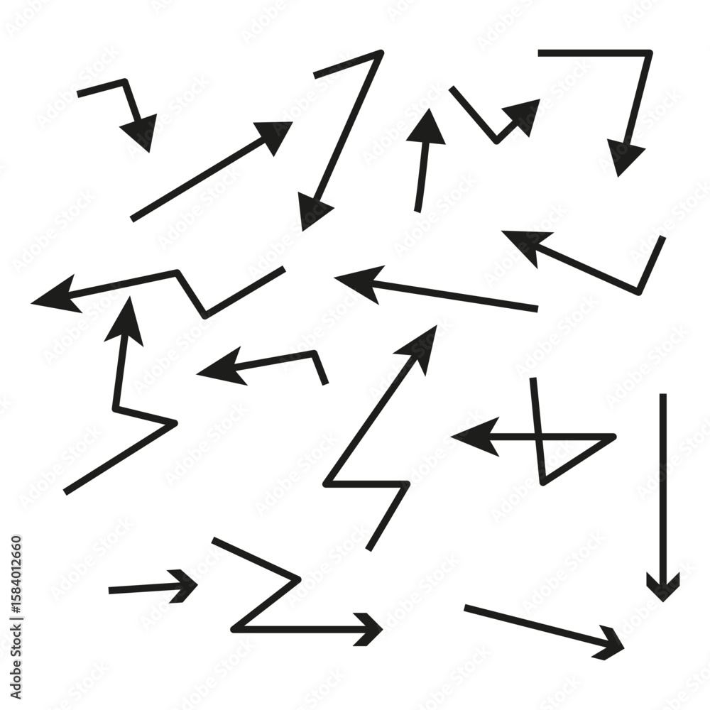 Poster jagged arrow shapes. broken line pointers. abstract direction symbols. vector varied illustration
