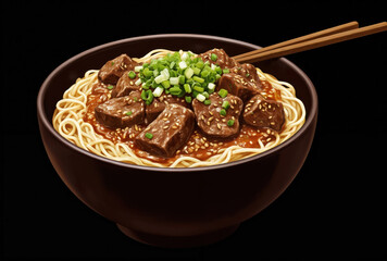 Beef noodle soup in dark brown bowl with eight thin noodles, chunky meat chunks, garnish of green onions, sesame seeds. Pair of chopsticks rests on side for serving. Asian-style comfort food dish for