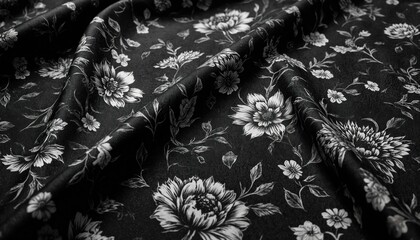 Close-up of dark black fabric featuring intricate white floral pattern. Slightly crinkled texture with delicate flowers and leaves. Central composition with blurred background.