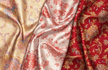 Floral patterned silk fabrics collection on gray background. Different skirt designs in various colors. Floral motifs, patterns on fabric. Mix of light pink, deep red, light blue fabrics. Skirts
