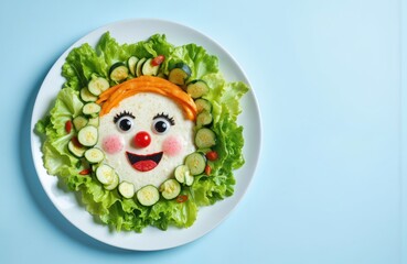 Vibrant green cucumber, red tomato create happy face on white plate against blue background. Fresh, natural ingredients form playful, artistic design. Healthy food, mealtime fun, kids lunch,