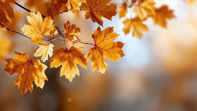 Close-up of vibrant orange maple leaves against a blurred background. The leaves exhibit autumn colors, showcasing the beauty of fall foliage.