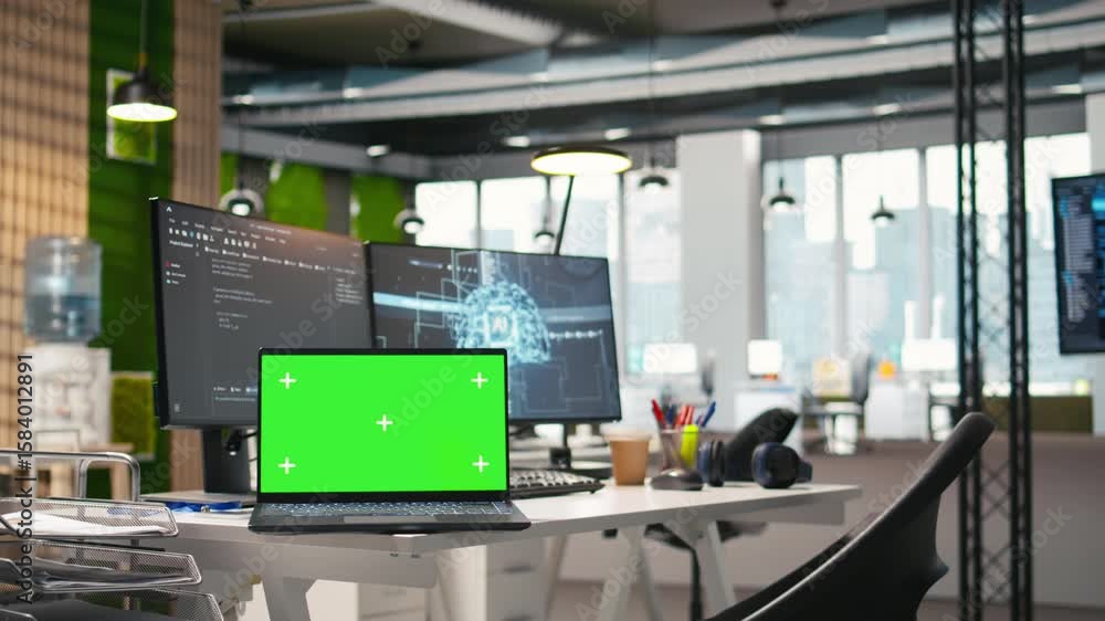 Poster chroma key notebook in ai industry startup workspace leveraging machine learning technology. empty s