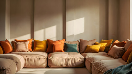 Modern Beige Modular Sofa with Colorful Throw Pillows in Sunlit Living Room


