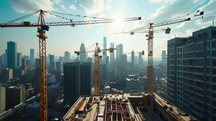 Sunlit cityscape reveals construction cranes shaping the skyline, highlighting urban development and architectural progress in a modern metropolis, perfect for illustrating growth and industry. - Powered by Adobe