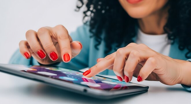 Woman with red nails touching a tablet screen with app icons