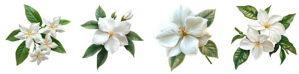 Fototapeta premium Jasmine Blooms in Four Arrangements: A collection of delicate jasmine blossoms arranged in four unique compositions, each exuding natural beauty. isolated transparent background
