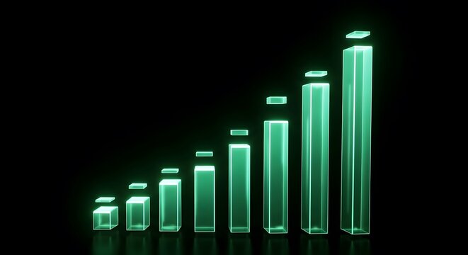 Illuminated green bar graph against a black background representing growth and progress concept with a neon glow effect