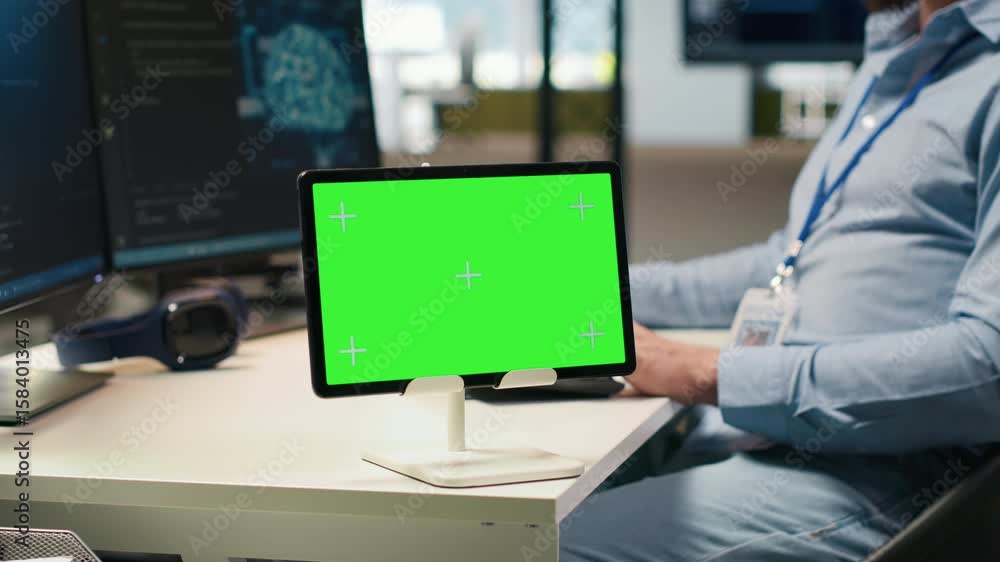 Poster technician developing applications using chroma key tablet, integrating ai next to office coworkers.