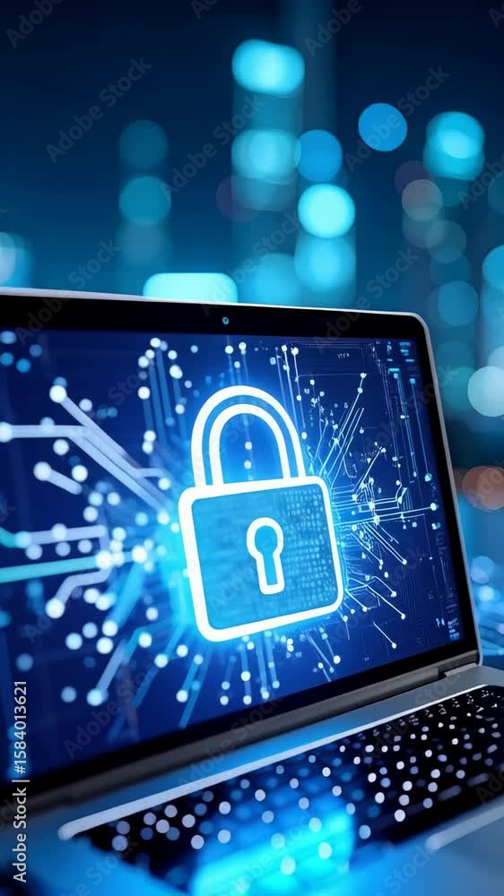 Poster laptop computer displaying digital padlock icon, representing secure connection and data protection 