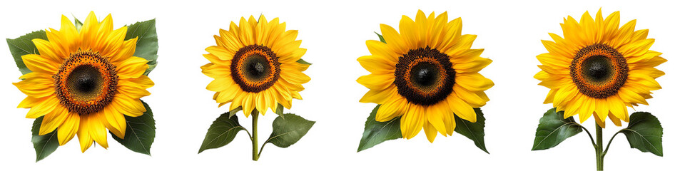 Naklejka premium Sunflower Variety: A series of vibrant sunflower blooms, each displaying a unique stage of blossoming against clean presentation. Isolated on Transparent Background