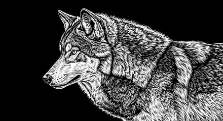 Fototapeta premium Lone Wolf's Gaze: A striking monochrome portrayal of a wolf, its piercing gaze and textured fur hinting at both wildness and intelligence against a stark black background. 