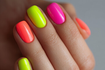 Bright and playful manicure features blend of neon pink, light green and orange nail polish. Nails neatly shaped, reflecting trendy summer style. Perfect for creativity vibes during warm season