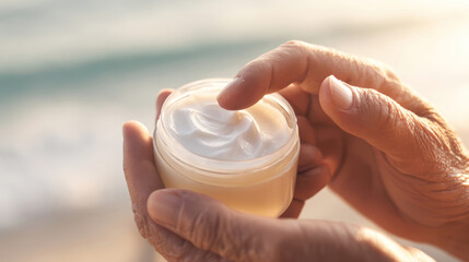 Close-up of senior hands using nourishing cream in natural sunlight. Gentle skincare routine for mature skin, promoting hydration and self care