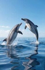 Obraz premium Gray and white dolphins perform synchronized leap in deep blue ocean. Two mammals jump together in clear water. Bright sky with clouds above contrasts with sea below.