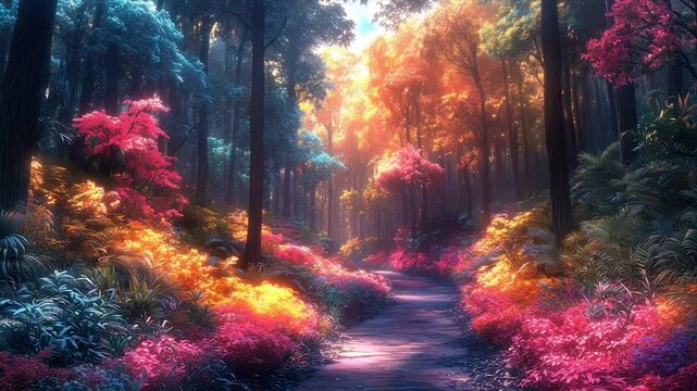 Vibrant path through a surreal, colorful forest