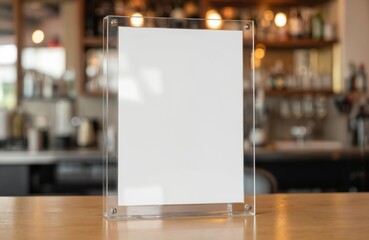Clear glass frame with white paper attached on wooden countertop in cozy bar setting. Bar fixtures and friends blurred in background. Menu holder mockup ready for text or design.
