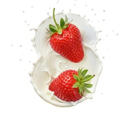 Fresh strawberries splashing into creamy milk for a tasty treat