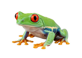 Bright green red-eyed tree frog with blue flanks and orange legs on light background, as transparent PNG