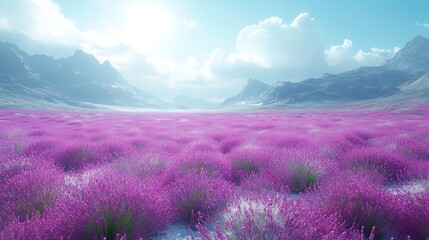 Expansive field of vibrant purple lavender flowers nestled among majestic snow covered mountain scenery photo