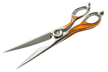 Polished steel shears with bright orange handles isolated on a transparent background scissors metal