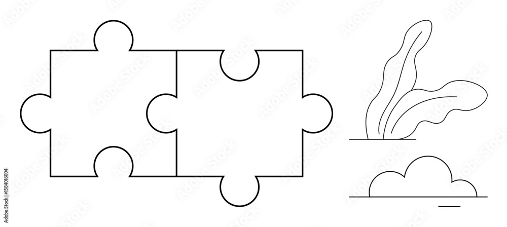 Poster interlocking puzzle pieces representing connection, collaboration, and logic. simple foliage and bus