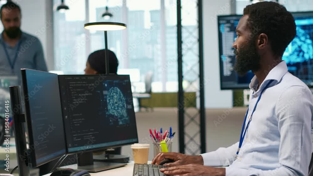 Poster computer scientist using ai on computer to optimize performance and forecast issues. african america