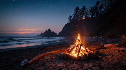 Coastal campfire at night, starry sky