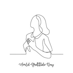One continuous line drawing of World Gratitude Day vector illustration. World Gratitude Day themes design concept in simple linear continuous line. Great design for campaign and business purpose.