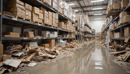Fototapeta na wymiar Warehouse interior with rows of wooden crates on shelves in various shades of brown. Neutral beige background highlights crate details. Spacious, vast storage facility perspective from floor looking