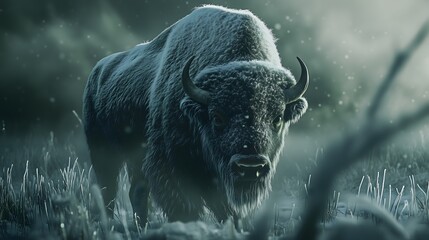 Majestic American bison with frosted fur stands in a snowy field under a cold hazy sky
