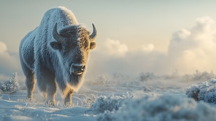 Majestic American bison standing in a snow covered field with frost on its fur during a golden hour sunrise