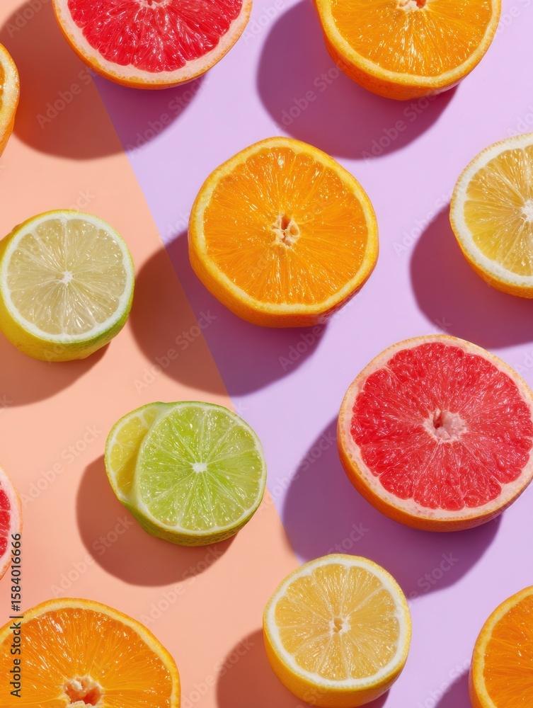 Poster vibrant citrus fruits arranged in geometric pattern on soft pastel background with upper area free f