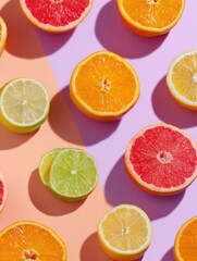 Obraz premium Vibrant Citrus Fruits Arranged in Geometric Pattern on Soft Pastel Background With Upper Area Free for Text