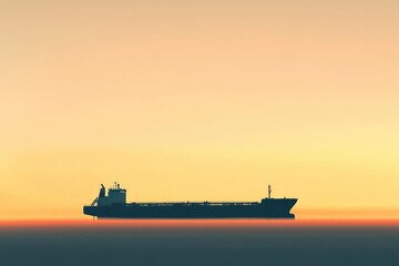 Fototapeta premium Silhouette of a large cargo ship sailing on the ocean during a warm, colorful sunset.