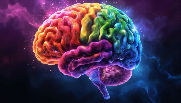 Vibrant colorful digital illustration of brain with rainbow colors, smooth shiny texture. Brain surrounded by wave pattern in blues greens purples. Brain 3D appearance, wave in motion, dynamic