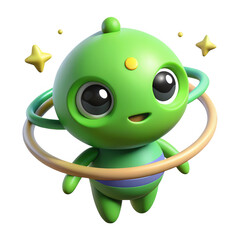 3d cute green alien character with ring isolated on transparent background